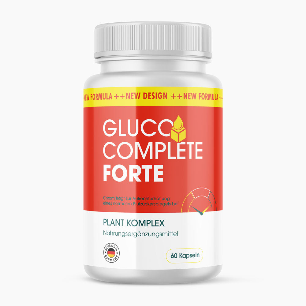Gluco Complete Forte Nahrungsergänzungsmittel in weißer Dose mit rotem Etikett, 60 Kapseln