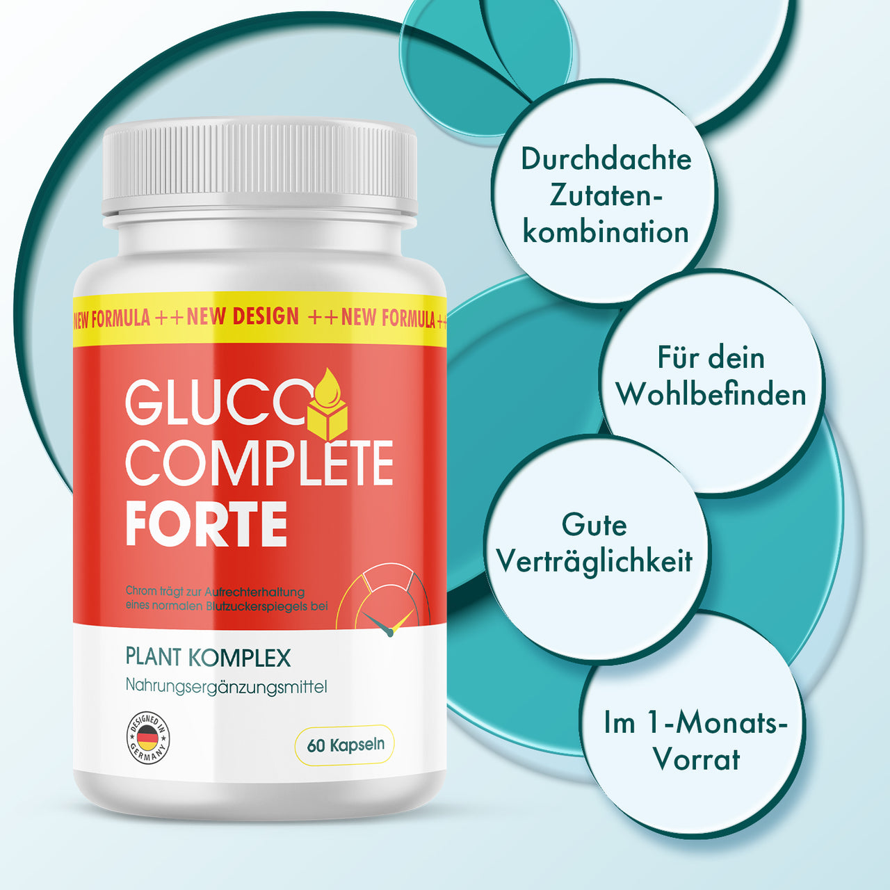 Gluco Complete Forte, 60 Kapseln; Werbetexte zu Zutaten, Wohlbefinden, Verträglichkeit und Monatsvorrat