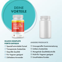 Thumbnail for Gluco Complete Forte mit fünf beworbenen Vorteilen, daneben „andere Produkte“ mit fünf Nachteilen