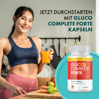 Thumbnail for Werbegrafik „Jetzt durchstarten mit Gluco Complete Forte Kapseln“ mit Frau und Produktdose