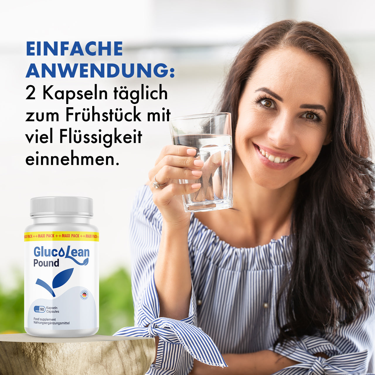 GlucoLean Pound: Einnahmehinweis „2 Kapseln täglich zum Frühstück mit viel Flüssigkeit einnehmen“