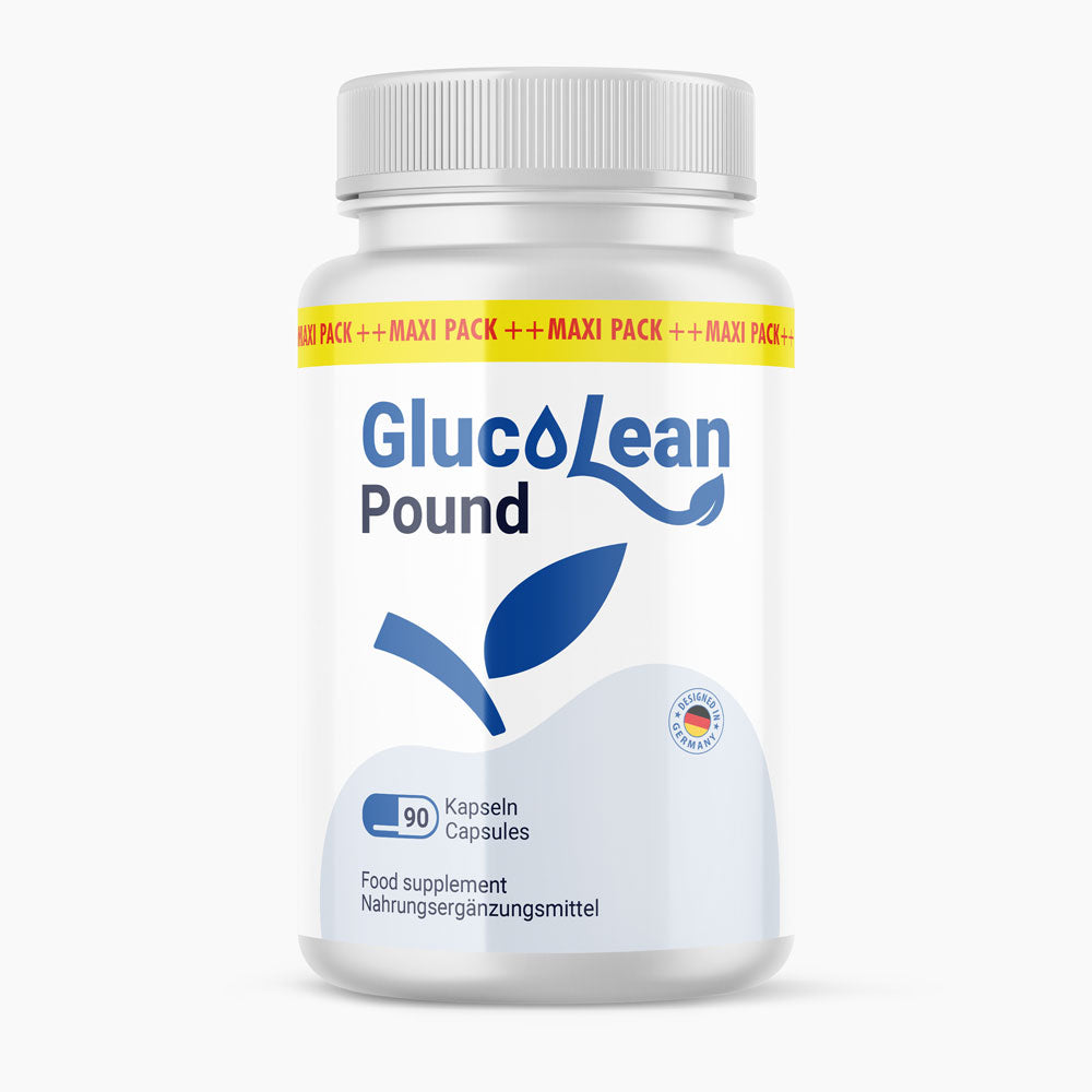 GlucoLean Pound Nahrungsergänzungsmittel mit 90 Kapseln in weißer Dose mit blauem Blattmotiv