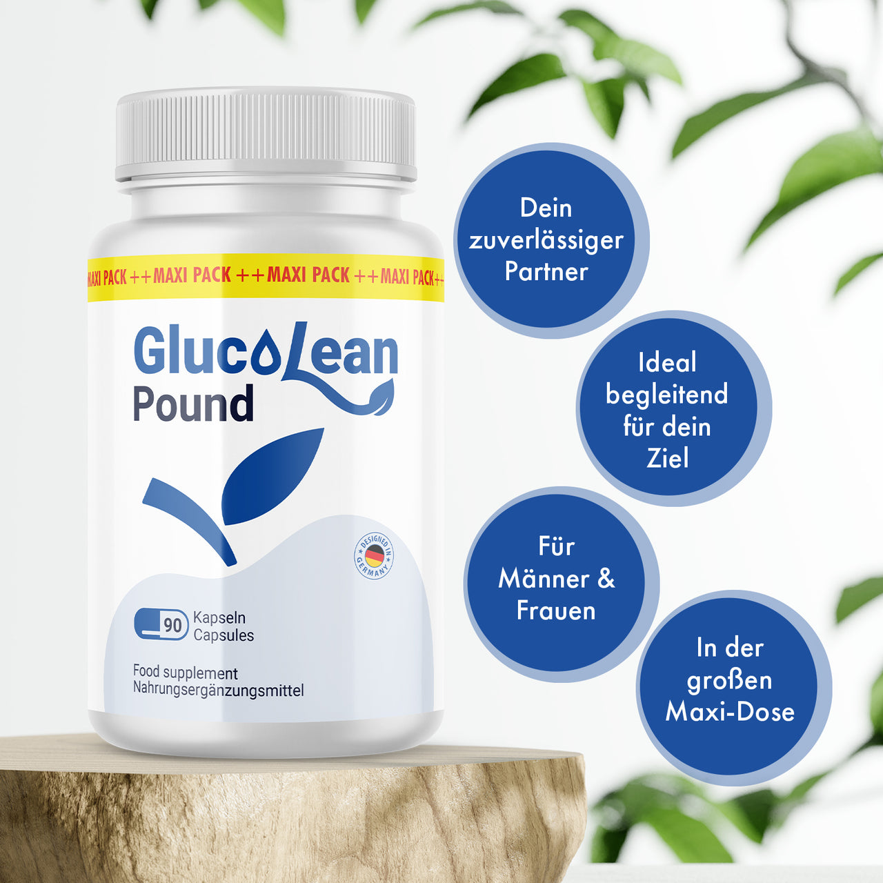 GlucoLean Pound Nahrungsergänzungsmittel mit 90 Kapseln in einer weißen Dose mit blauem Logo