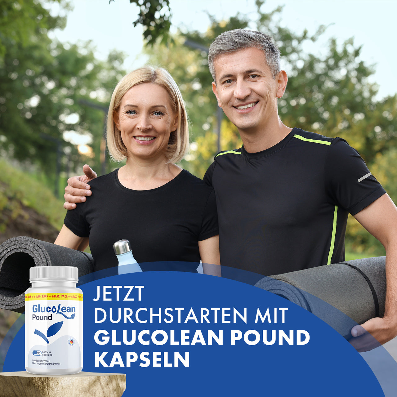 Werbegrafik „Jetzt durchstarten mit GlucoLean Pound Kapseln“ vor einem Paar mit Sportmatten