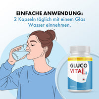 Thumbnail for llustration einer trinkenden Person mit Anwendungshinweis und Glucovital Forte Kapseln Dose