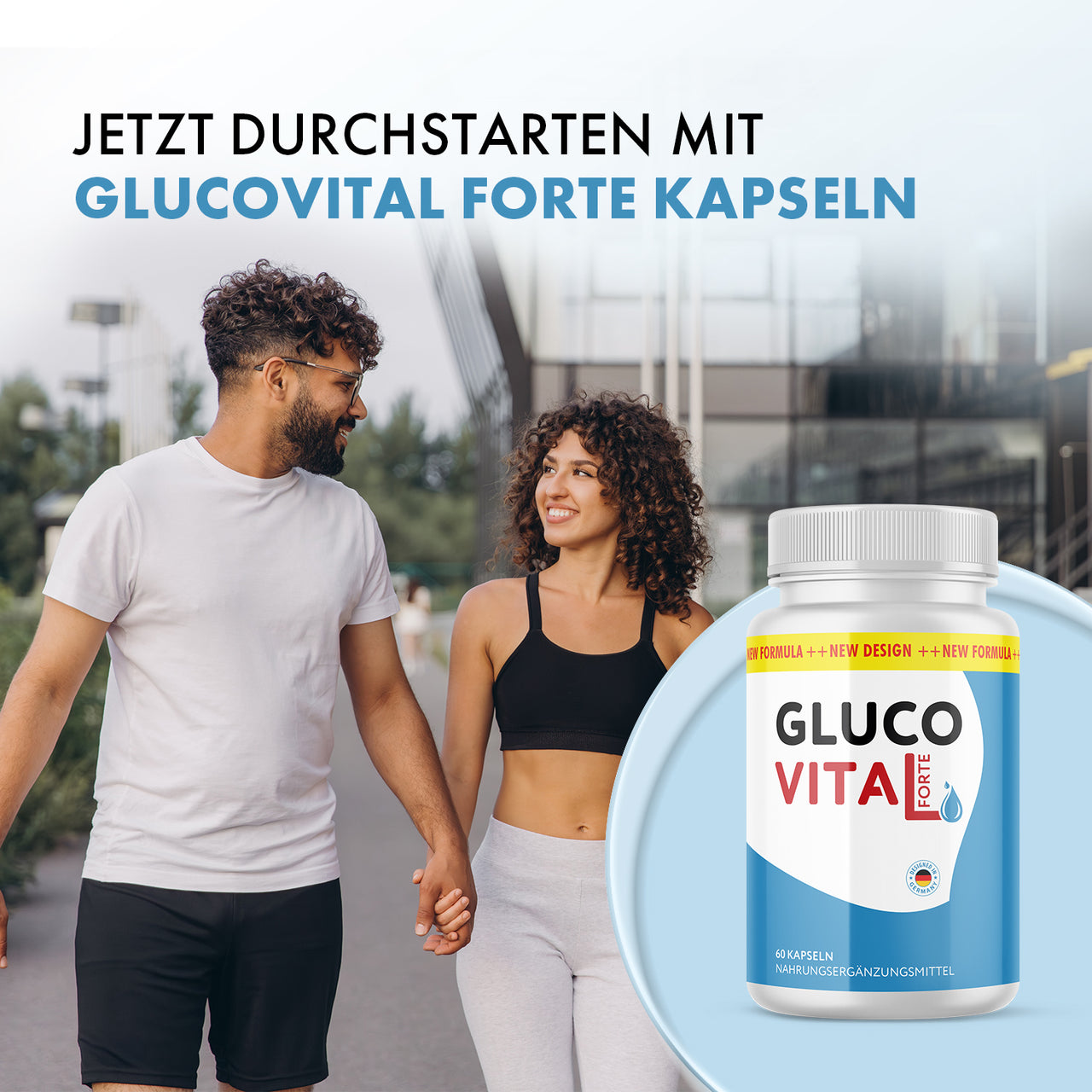 Glucovital Forte Kapseln Dose neben zwei gehenden Personen und großem Schriftzug oben im Bild