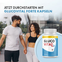 Thumbnail for Glucovital Forte Kapseln Dose neben zwei gehenden Personen und großem Schriftzug oben im Bild