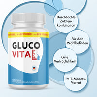 Thumbnail for Glucovital Forte Kapseln Dose mit vier Textkreisen zu Zutaten, Wohlbefinden und Monatsvorrat