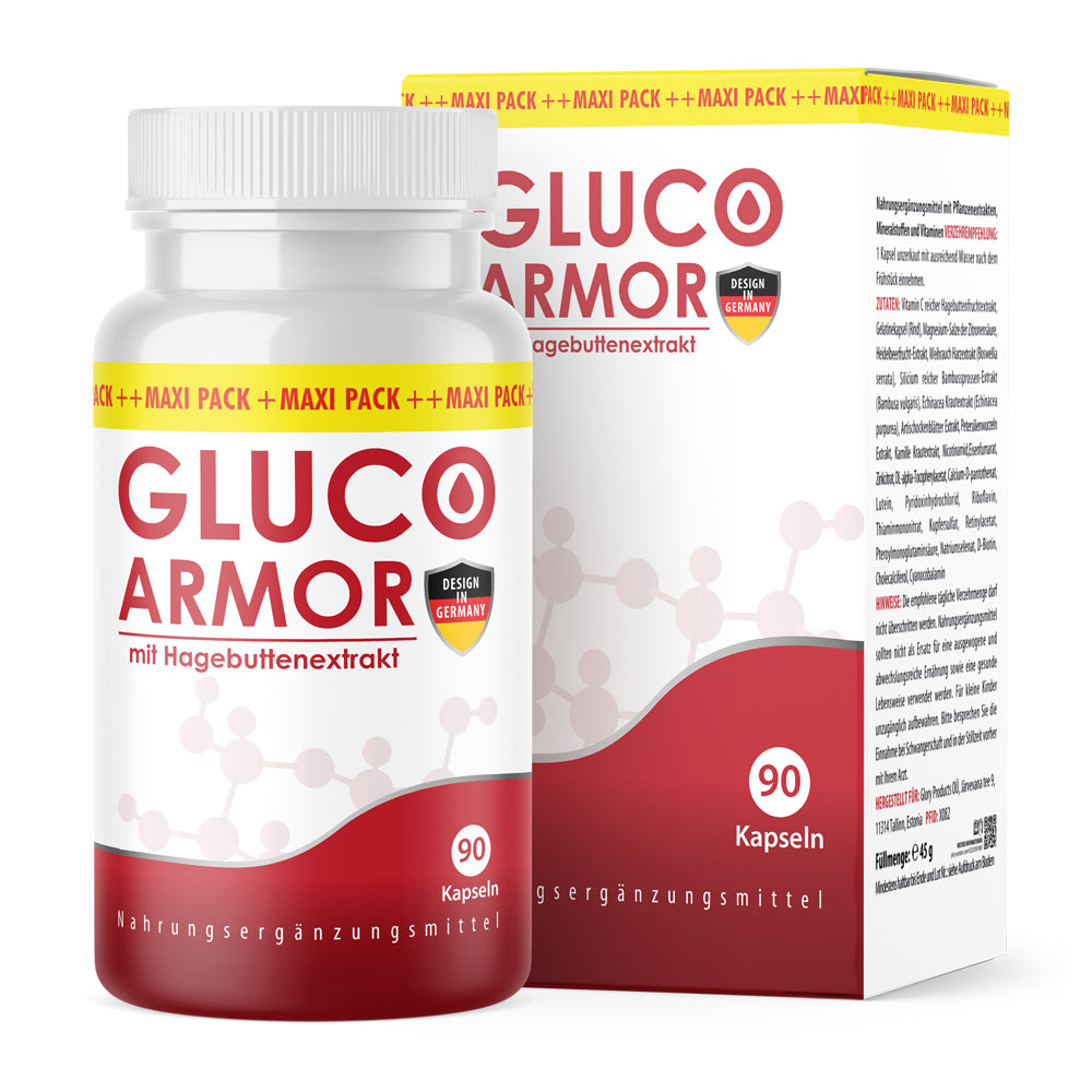 Dose mit rotem Etikett und Schrift Gluco Armor mit Hagebuttenextrakt, 90 Kapseln, vor Faltschachtel