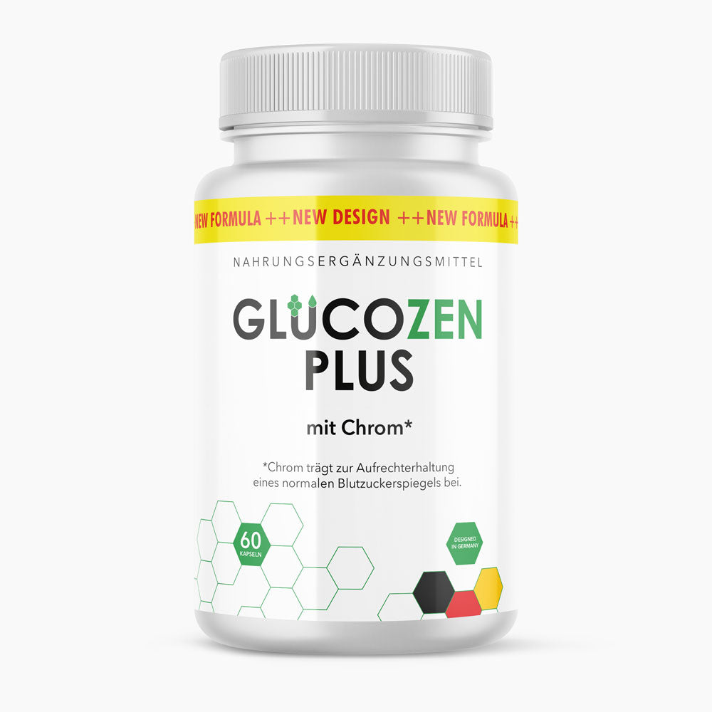White container of GlucoZen Plus dietary supplement with chromium, 60 capsules, front view