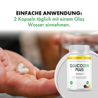 Thumbnail of palm with two capsules, Glucozen Plus product container and instructions for taking with water