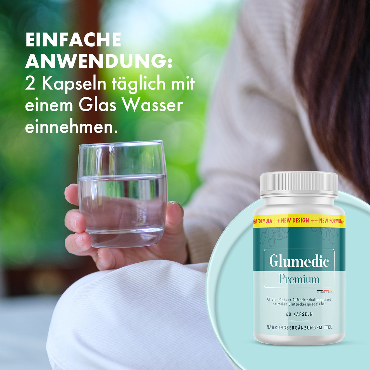 Anwendungsgrafik für Glumedic Premium: „2 Kapseln täglich mit einem Glas Wasser einnehmen“