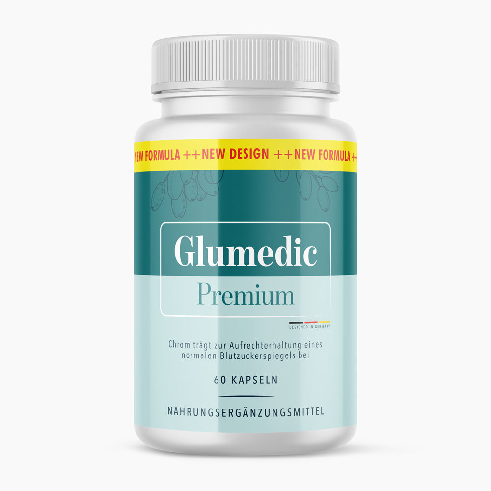 Glumedic Premium Nahrungsergänzungsmittel mit 60 Kapseln in weißer Dose mit türkisfarbenem Etikett