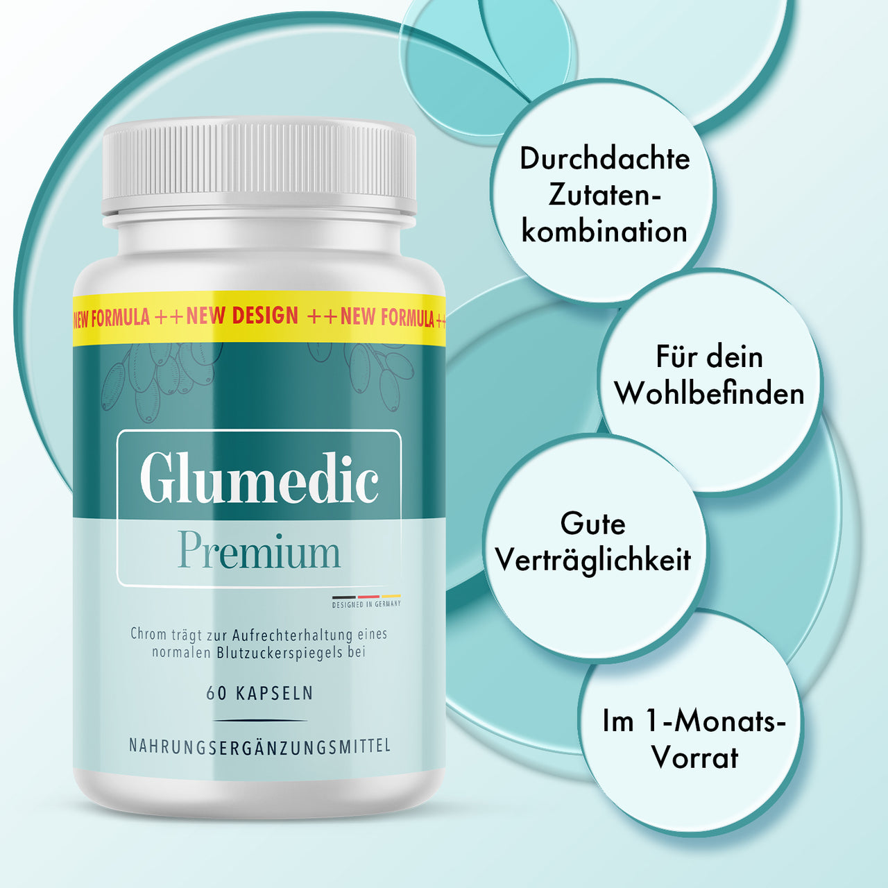 Glumedic Premium: Werbetexte zu Zutaten, Wohlbefinden, Verträglichkeit und 1-Monats-Vorrat