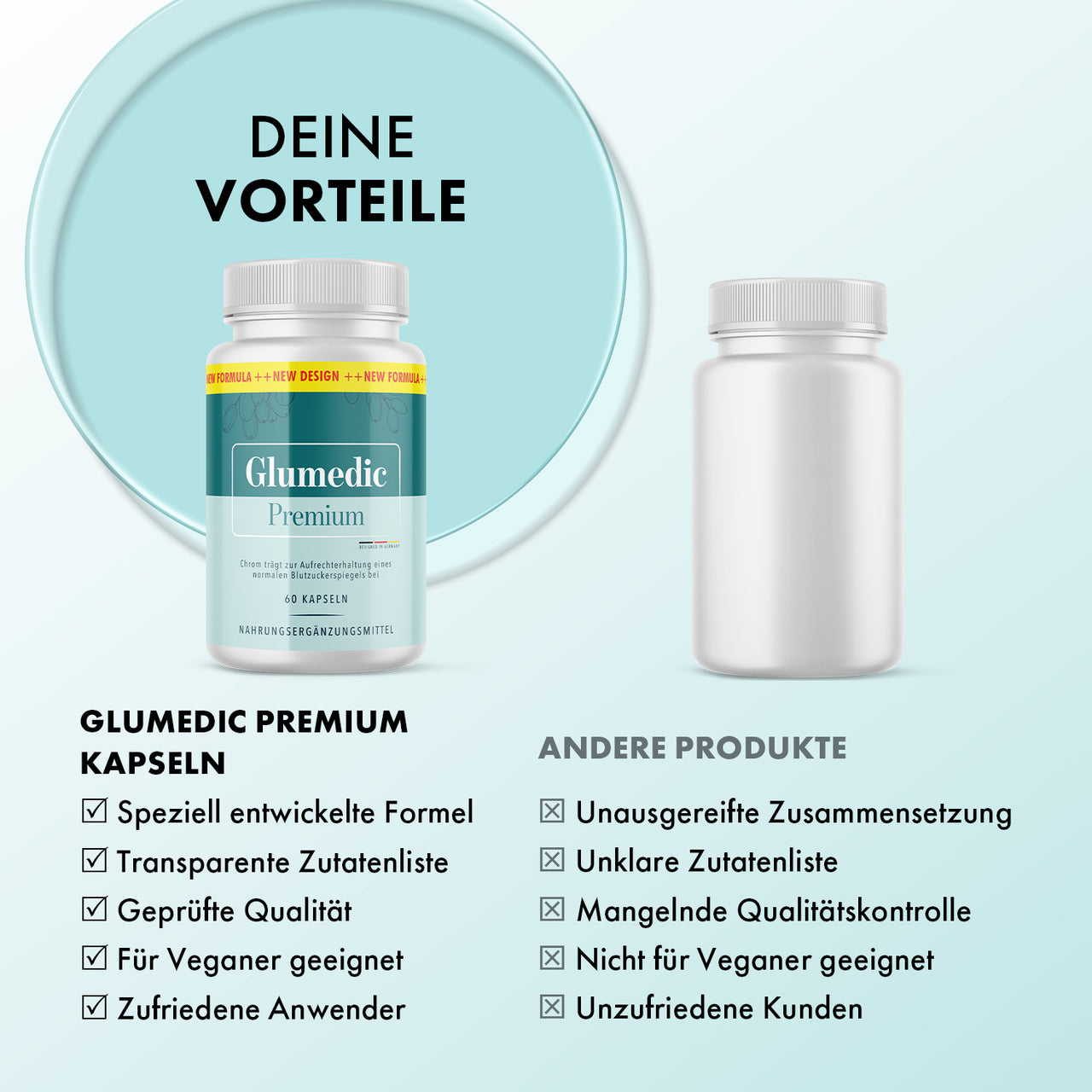Glumedic Premium: Fünf beworbene Vorteile im Vergleich zu behaupteten Nachteilen anderer Produkte