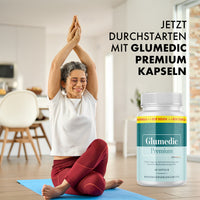 Thumbnail for Werbegrafik „Jetzt durchstarten mit Glumedic Premium Kapseln“ neben einer Frau bei einer Yogaübung