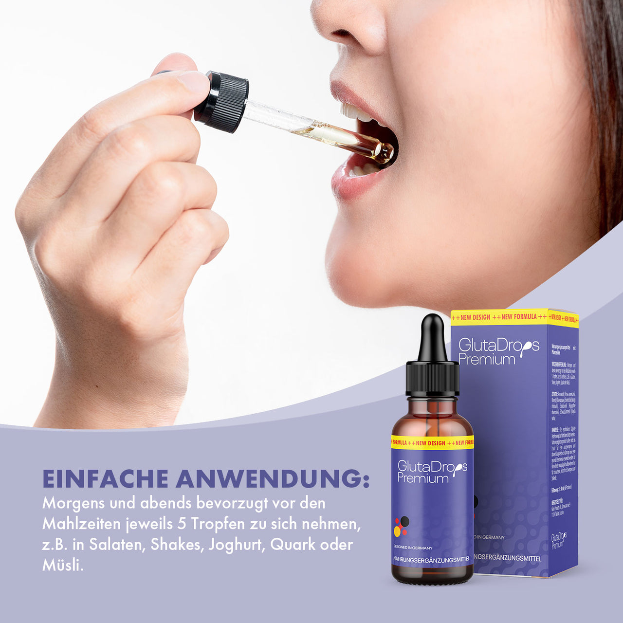 Person hält Pipette mit Flüssigkeit an den geöffneten Mund daneben Produktabbildung GlutaDrops Premium
