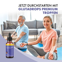 Thumbnail for Zwei Personen sitzen auf Matten im Raum Produktflasche GlutaDrops Premium links unten Text oben