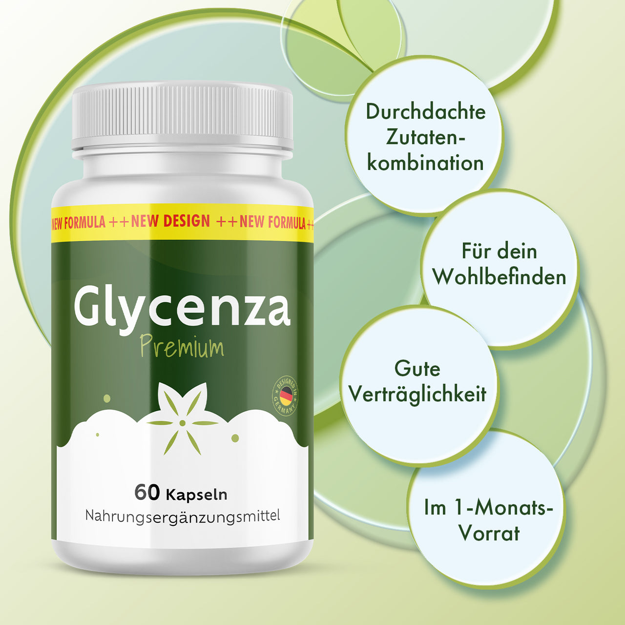 Glycenza Premium Dose mit vier Infopunkten zu Zutatenkombination, Wohlbefinden und Verträglichkeit