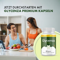 Thumbnail for Glycenza Premium Dose neben Frau beim Karottenschneiden und Mann am Küchentisch mit Obstschale