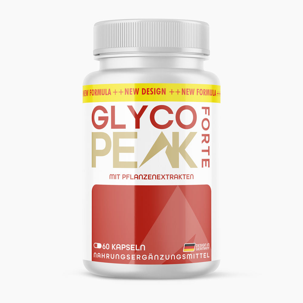 Weiße Kunststoffdose mit weißem Deckel und rotem Etikett Glyco Peak Forte mit sichtbarer Angabe 60 Kapseln