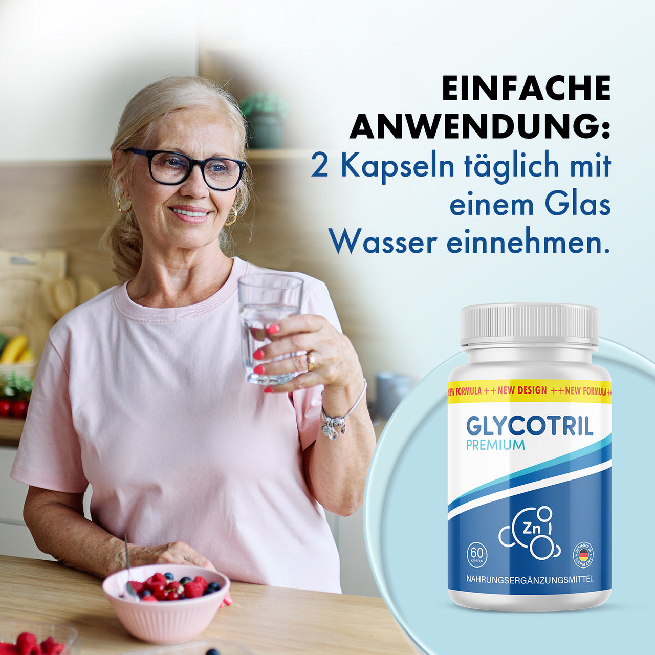 Glycotril Premium Kapseln neben älterer Frau mit Wasserglas und Hinweis zu 2 Kapseln täglich