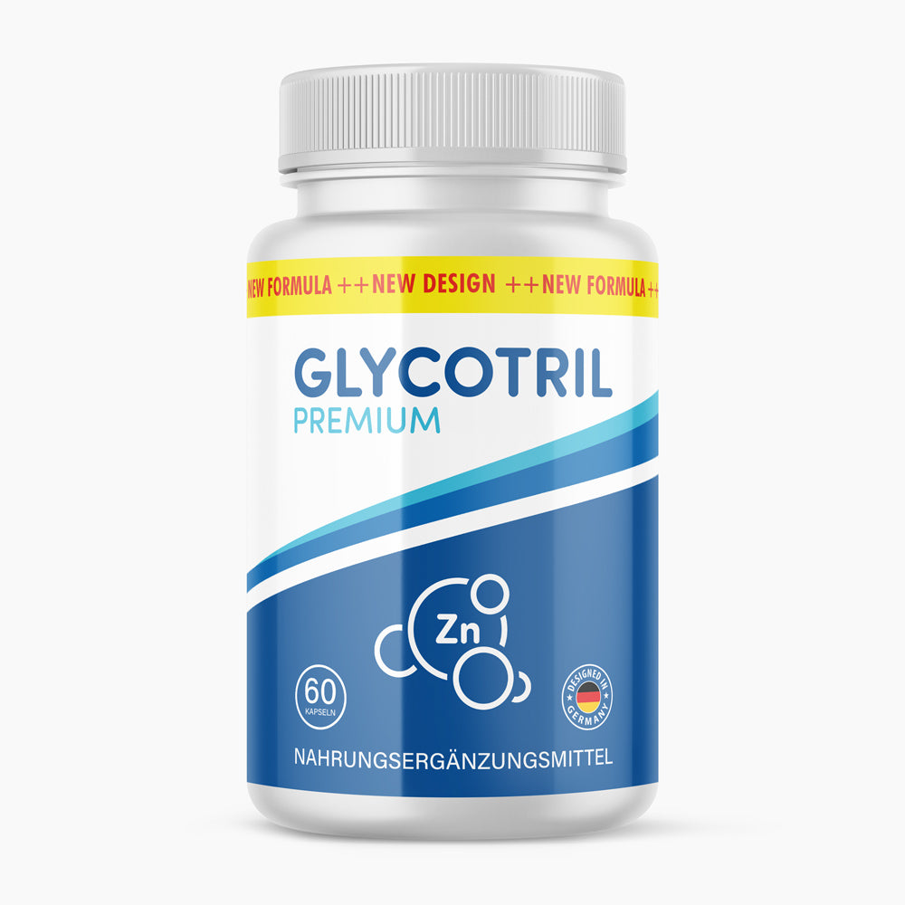 Produktbild Glycotril Premium Nahrungsergänzungsmittel in weißer Dose mit blauem Label