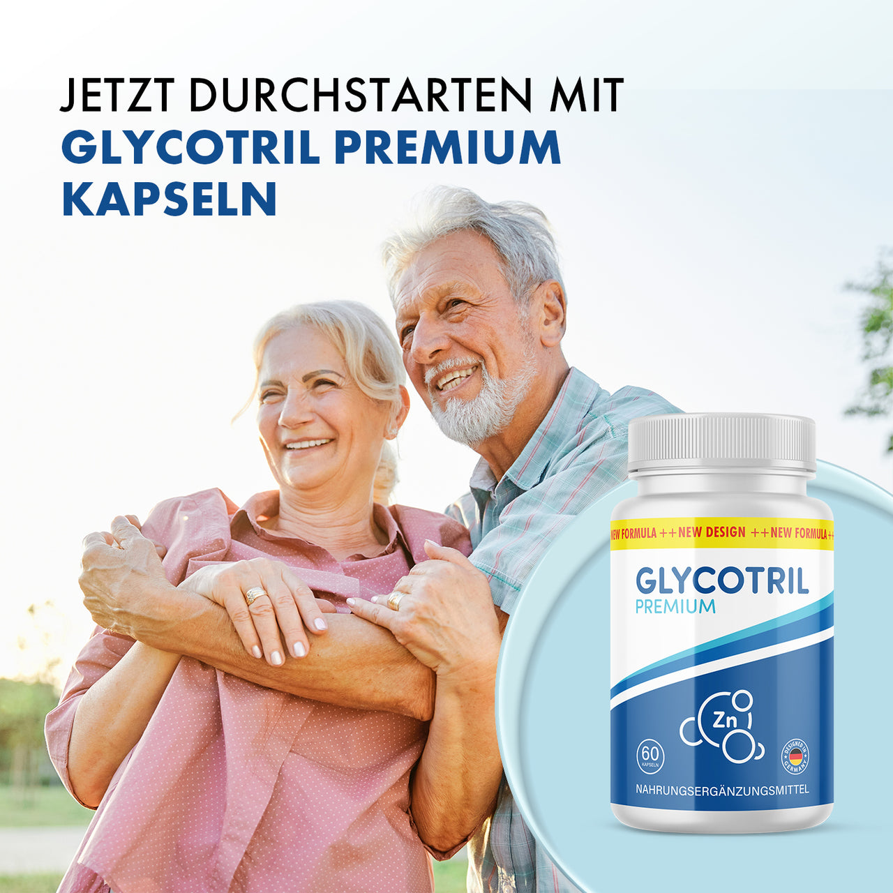 Älteres Paar lacht draußen im Grünen, rechts Glycotril Premium Dose mit Text jetzt Durchstarten