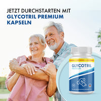 Thumbnail for Älteres Paar lacht draußen im Grünen, rechts Glycotril Premium Dose mit Text jetzt Durchstarten