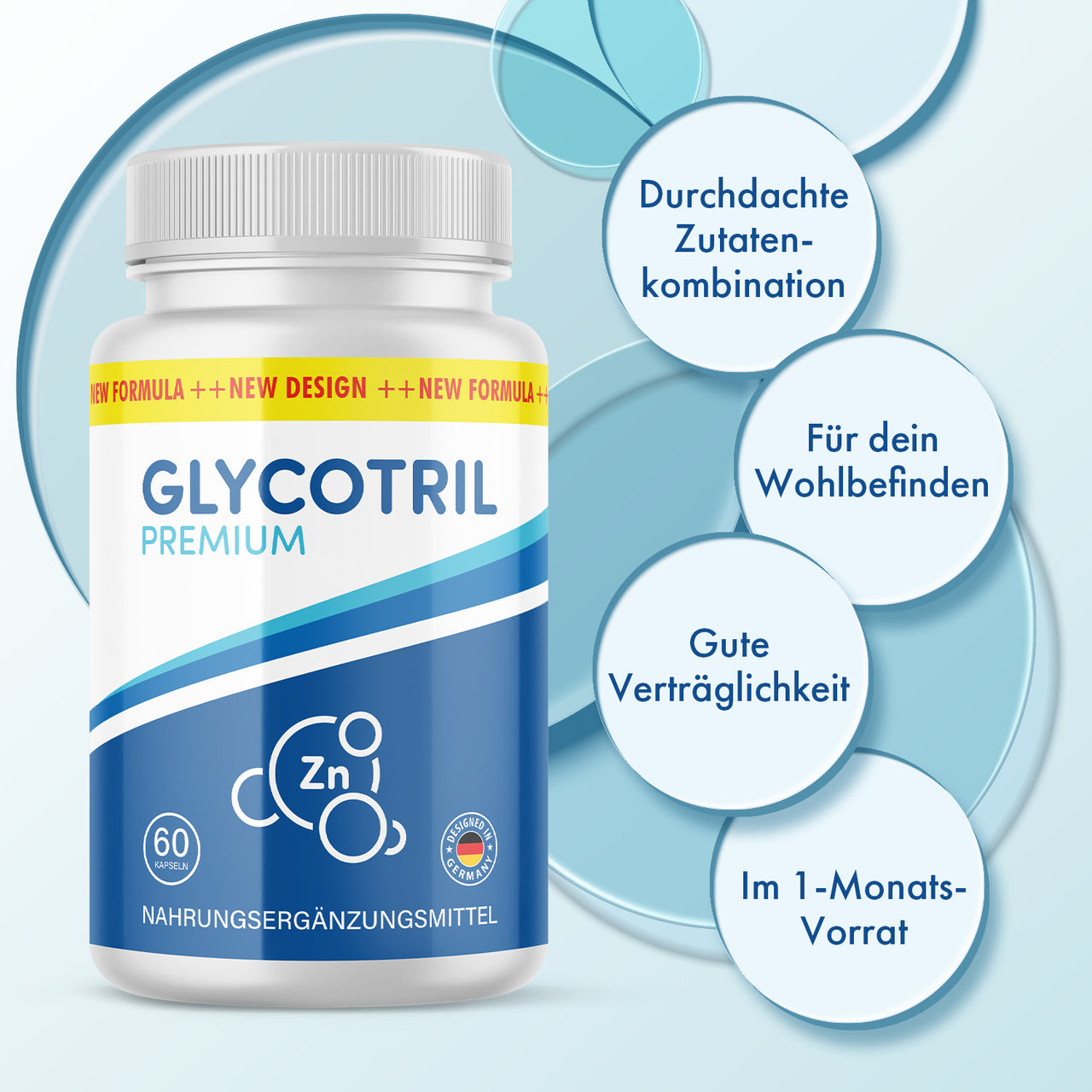 Glycotril Premium Dose mit blauem Etikett und runden Infopunkten zu Produktmerkmalen