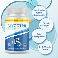 Thumbnail for Glycotril Premium Dose mit blauem Etikett und runden Infopunkten zu Produktmerkmalen