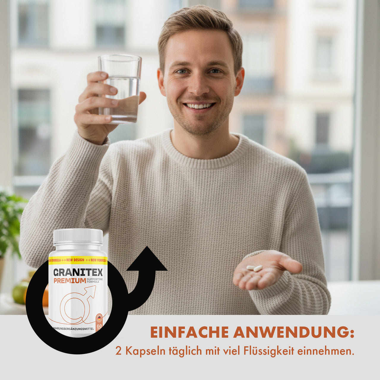 Lächelnder Mann zeigt Kapseln und Glas Wasser, Produktabbildung Granitex Premium mit Dosierangabe