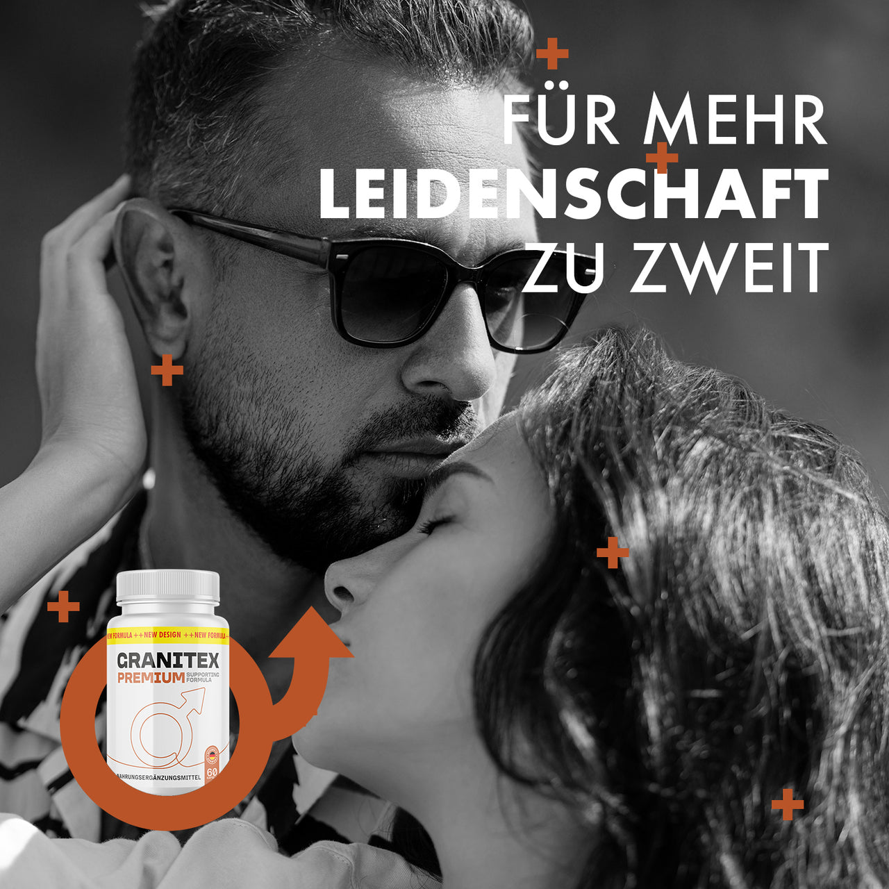 Paar in Schwarzweiß-Poster mit Einblendung „Für mehr Leidenschaft zu zweit“ und Granitex Produktdose