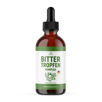 Thumbnail for Braune Flasche mit Pipette mit grün-weißem Etikett BITTER TROPFEN KOMPLEX frontal abgebildet