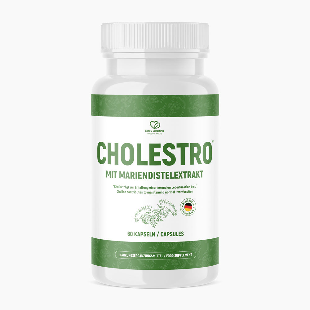 Dose CHOLESTRO mit Mariendistelextrakt in grün-weißem Design und 60 Kapseln