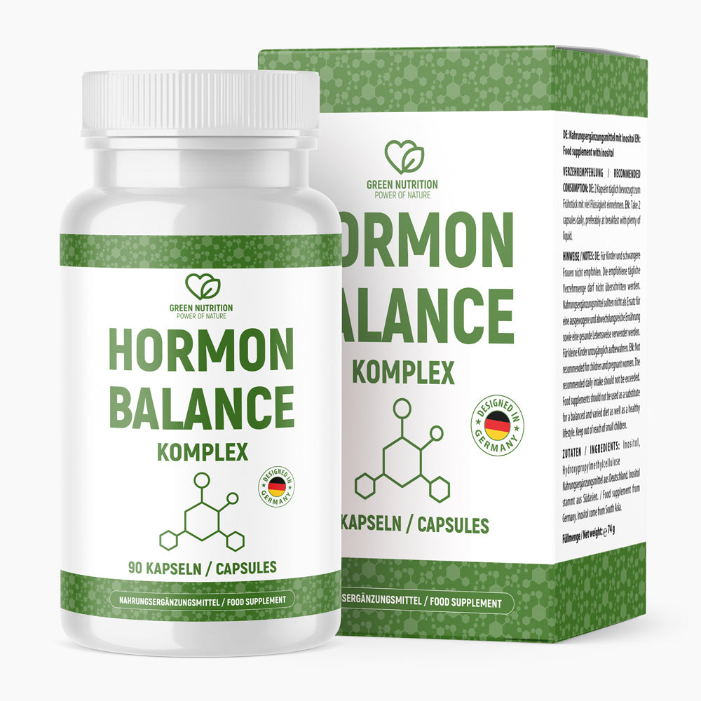 Weiße Dose mit Schrift HORMON BALANCE KOMPLEX, mit Verpackung, Molekülgrafik und Designed in Germany