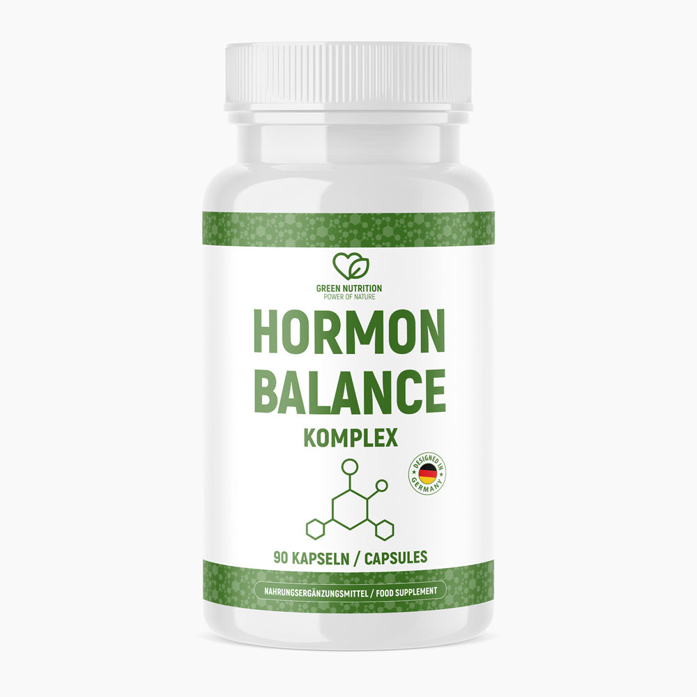 Weiße Dose mit Schrift HORMON BALANCE KOMPLEX, 90 Kapseln, Molekülgrafik und Designed in Germany