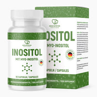 Thumbnail for Weiße Kunststoffdose INOSITOL mit 90 Kapseln und Umverpackung mit Molekülgrafik und Myo-Inositol