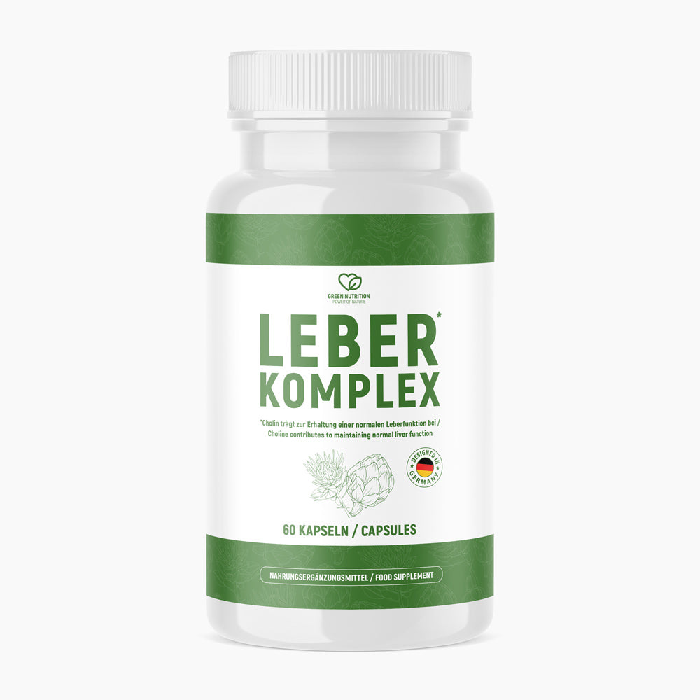 Nahrungsergänzungsmittel LEBER KOMPLEX in weißer Dose mit grünem Etikett und Pflanzengrafik