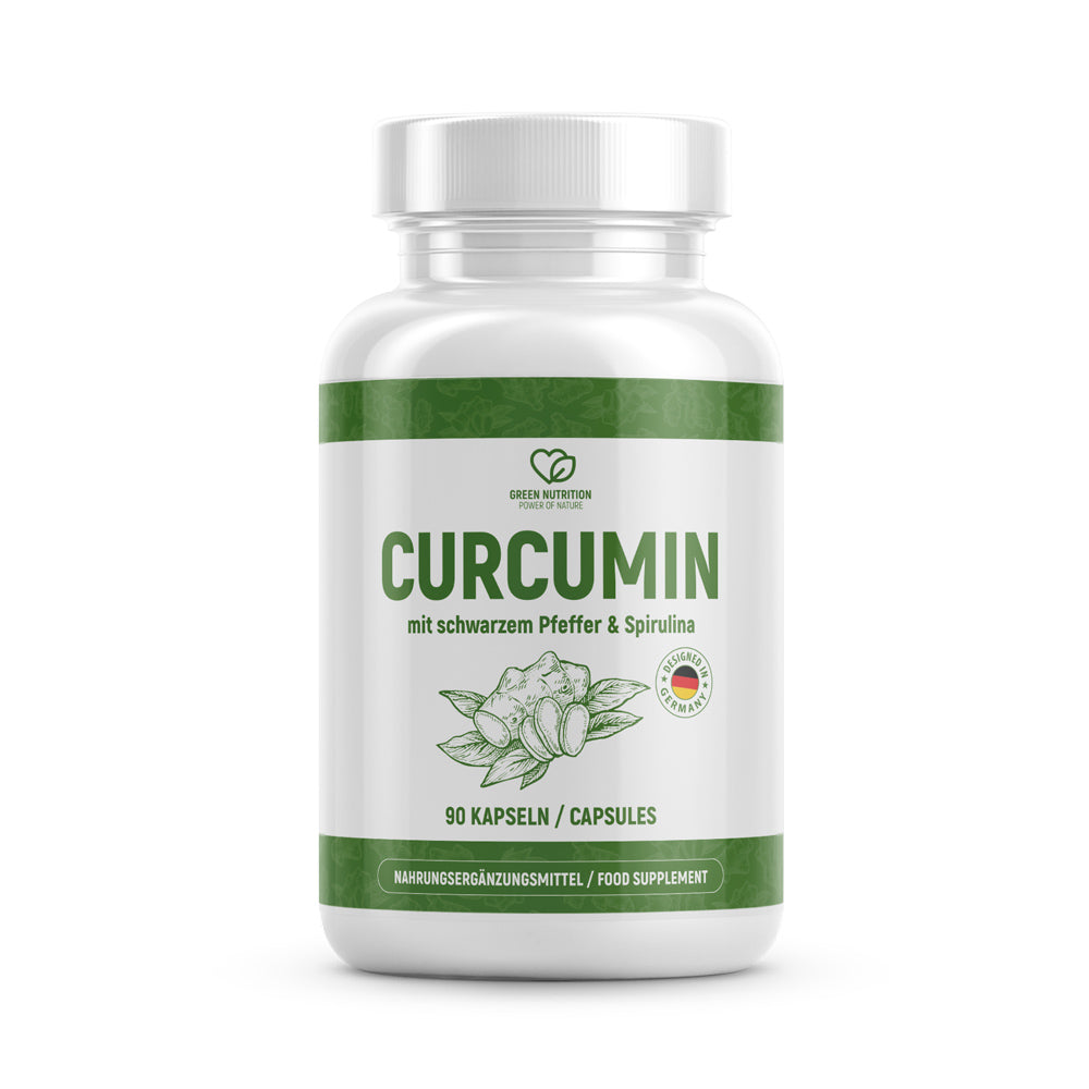 Weiße Kunststoffdose CURCUMIN mit 90 Kapseln, grünem Etikett und Abbildung von Kurkuma