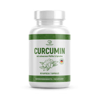 Thumbnail for Weiße Kunststoffdose CURCUMIN mit 90 Kapseln, grünem Etikett und Abbildung von Kurkuma