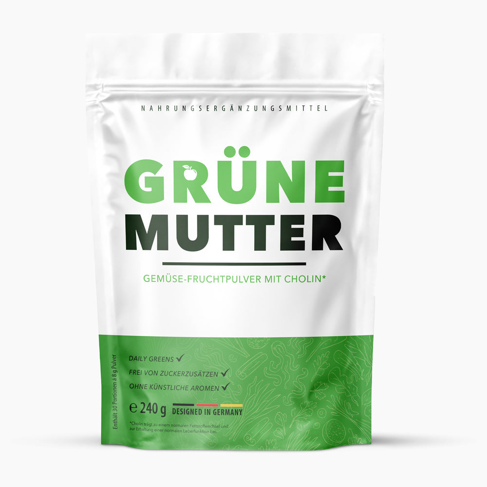 Verpackung in Weiß-Grün mit Schrift GRÜNE MUTTER, 240 g Gemüse-Fruchtpulver mit Cholin
