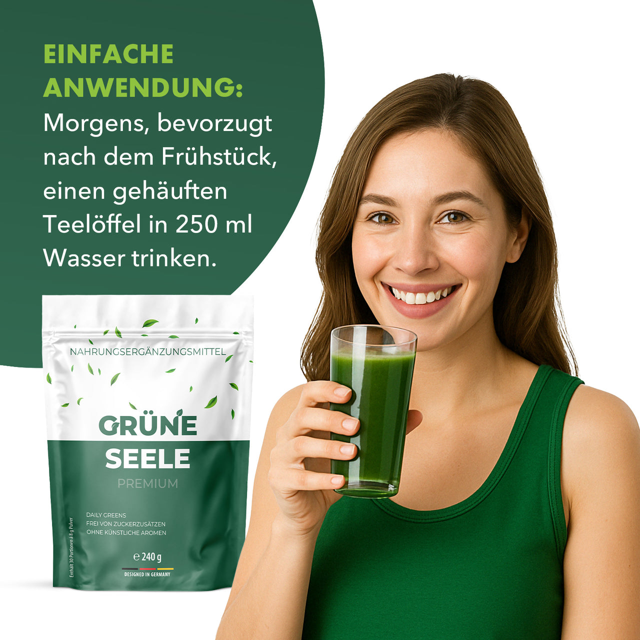 Grüne Seele Premium Pulver mit Anwendungshinweis, Frau mit grünem Getränk und Produktbeutel