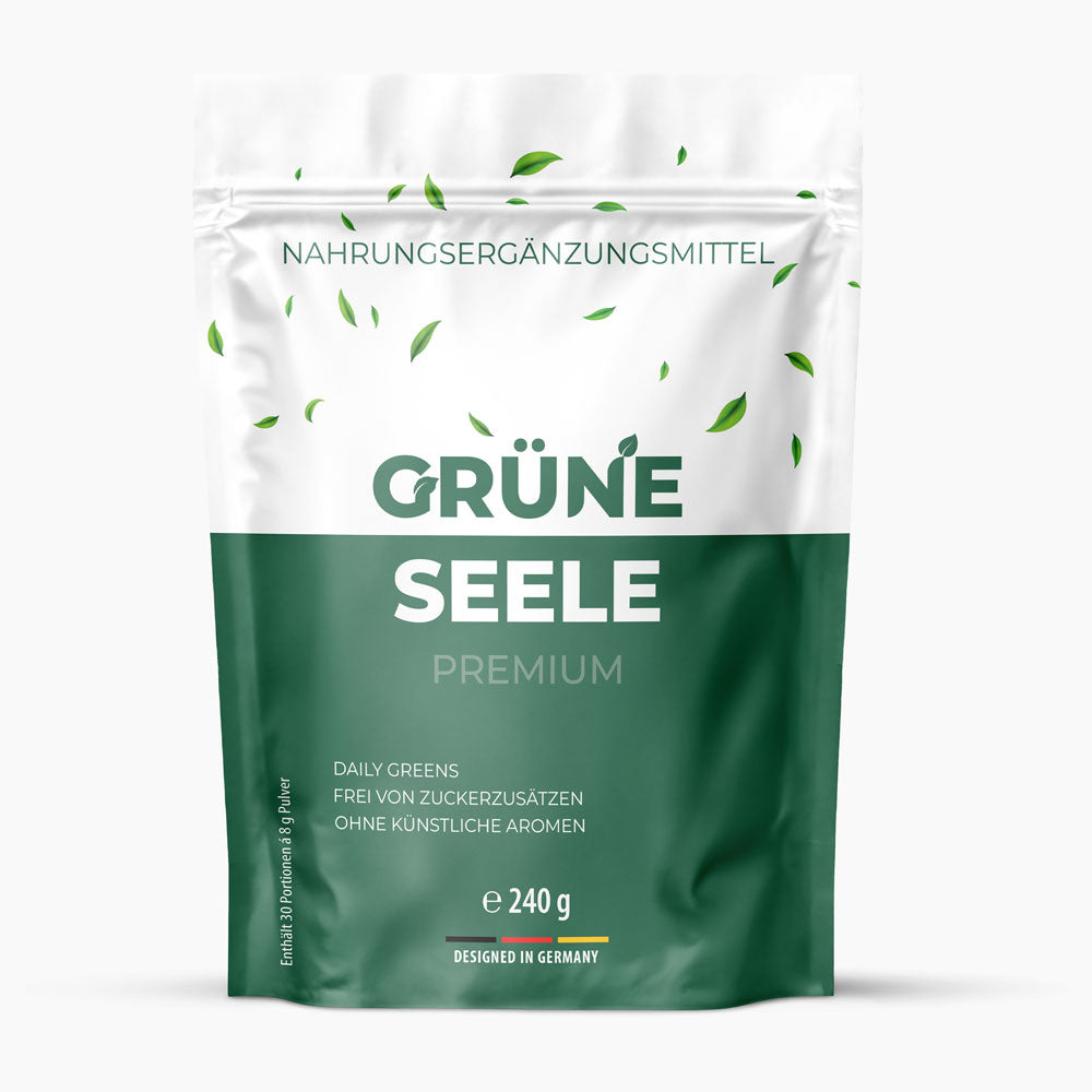 Grüne Seele Premium Daily Greens Pulver im grünen Standbeutel mit 240 g Inhalt und Blattdekor