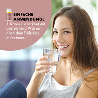Thumbnail for Frau hält ein Wasserglas, daneben Anwendungshinweis und kleine Haarwurzel Komplex Dose oben
