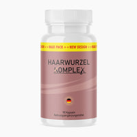 Thumbnail for Weiße Dose Haarwurzel Komplex, rosa Etikett mit Siegel Designed in Germany und Angabe 90 Kapseln