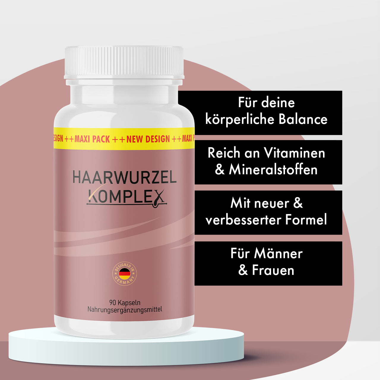 Dose Haarwurzel Komplex mit rosa Etikett, auf Podest mit vier schwarzen Infokästen zu Produktmerkmalen