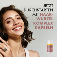 Thumbnail for Lächelnde Frau neben Text zu Haarwurzel Komplex Kapseln und kleiner Produktdose rechts unten