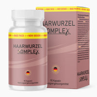 Thumbnail for Haarwurzel Komplex Dose und rosa Packung mit gelbem New-Design-Streifen und Angabe 90 Kapseln
