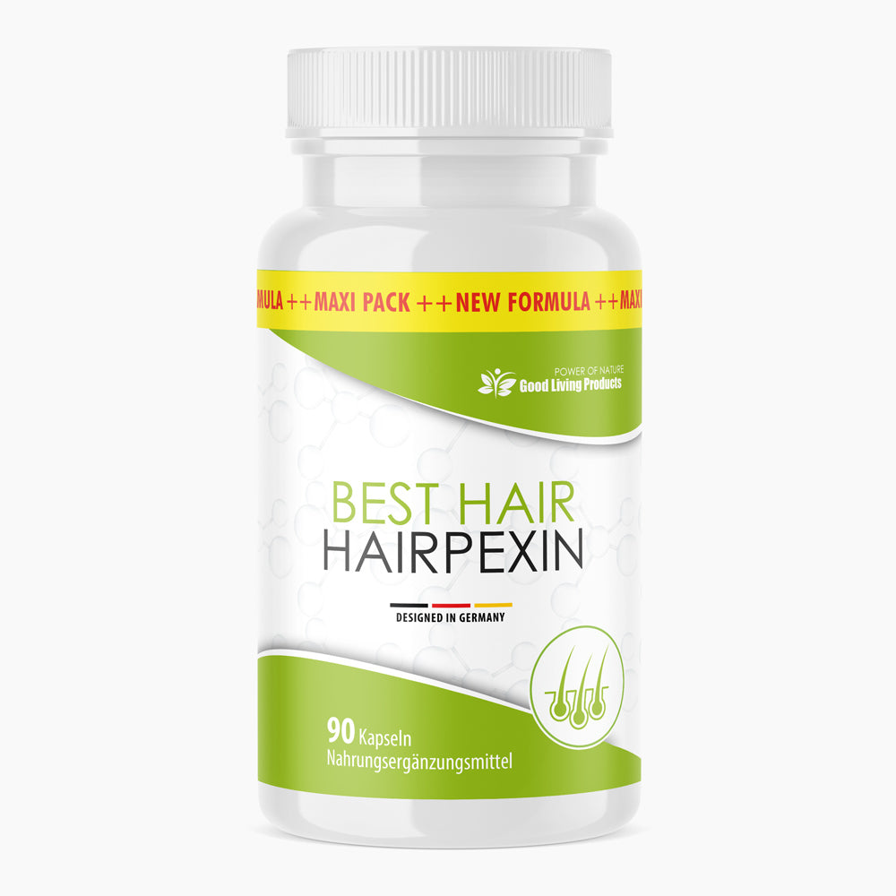Weiße Kunststoffdose mit grünem Etikett Best Hair Hairpexin, 90 Kapseln und Haarwurzel-Symbol